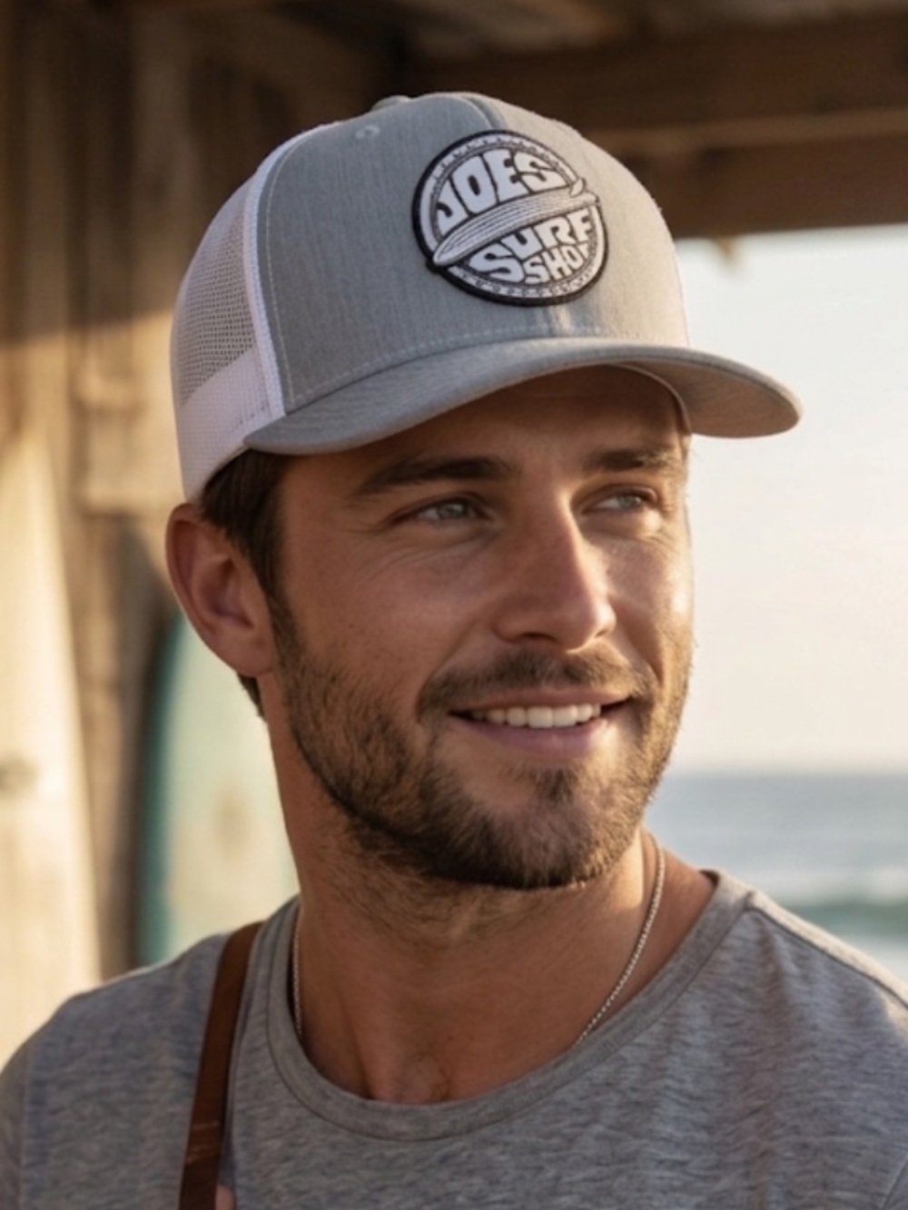 JOES SURF SHOP 🏄‍♂️ Patch Collection | Mesh Snapback | Gray & White Trucker Hat